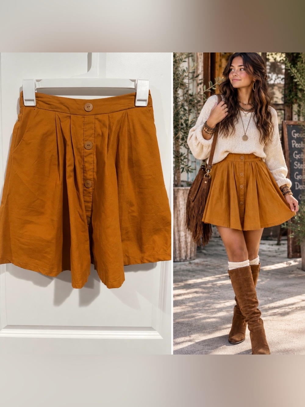 Boogie Brand Boho Cottagecore Button-Front A-Line Mini Skirt in Mustard